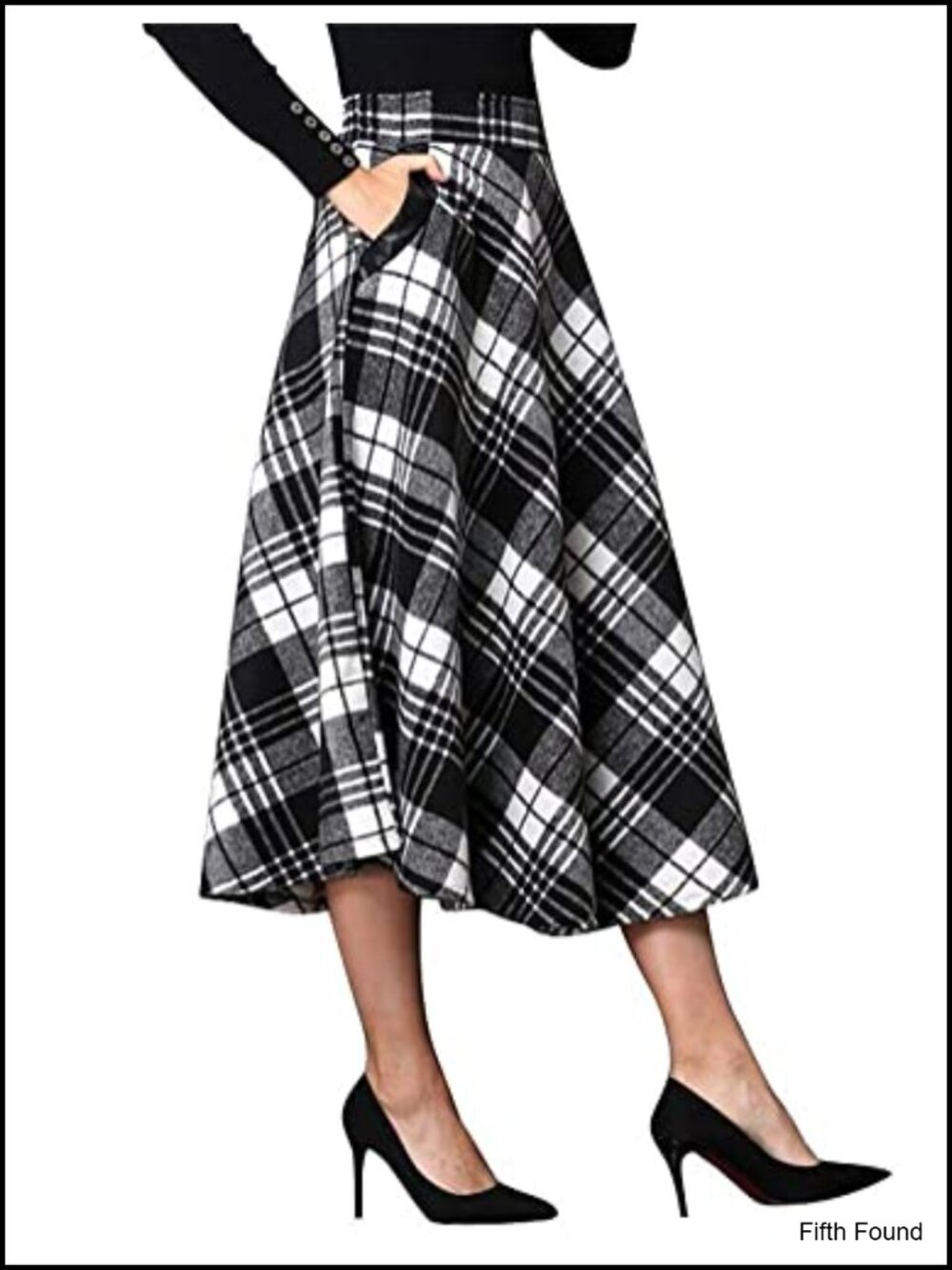 Wool Blend Plaid A-Line Midi Skirt Pleated Elastic Waist